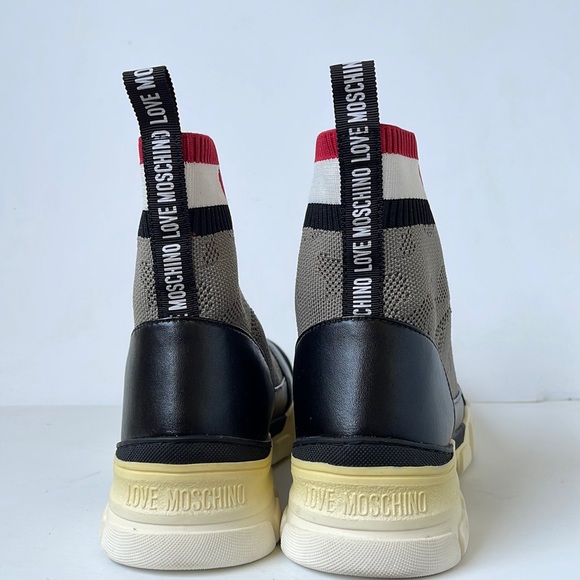 LOVE MOSCHINO Jacquard knit-paneled faux leather high-top sneakers US9 IT39 - Picture 7 of 10